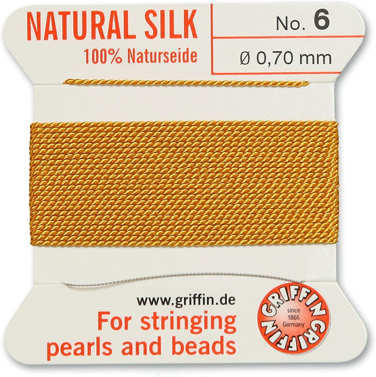 Griffin Silk Bead Cord Perlseide – Size 6 (0.70mm) – 2 Meters per Card – Stainless Steel Needle Attached – for Knotting Pearls, Gemstones, Crystals and Beads